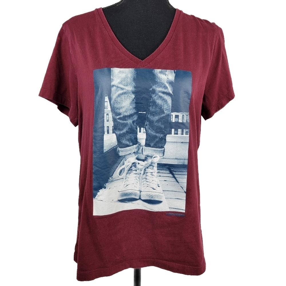 🔥 (5for$35) CONVERSE Burgundy Short-sleeved V Neck Graphic Tee